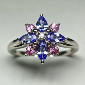 14k Solid White Gold Ring with Tanzanite and Pink Sapphire